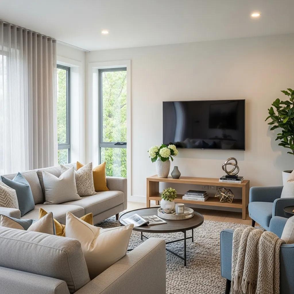 Staged living room with natural light highlighting modern decor and inviting atmosphere
