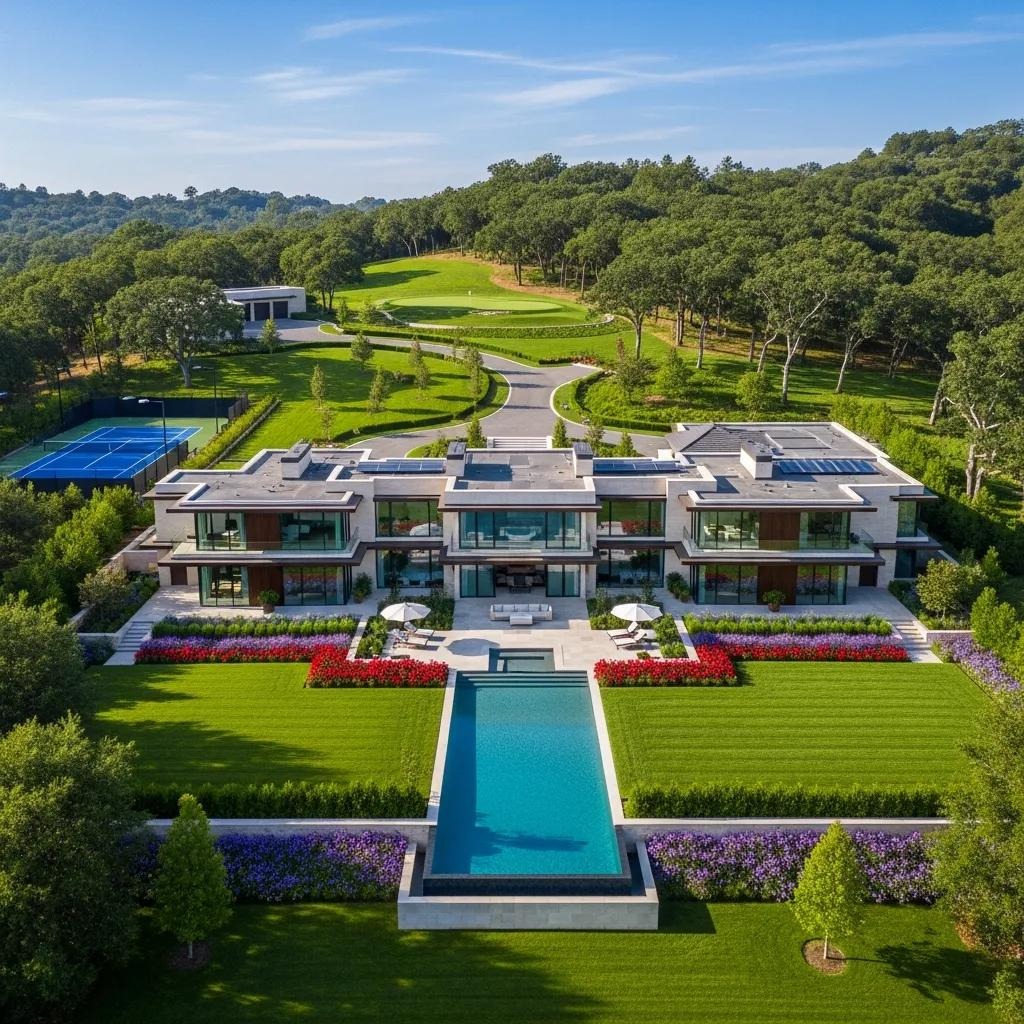 Aerial view of a large property showcasing its layout and surroundings