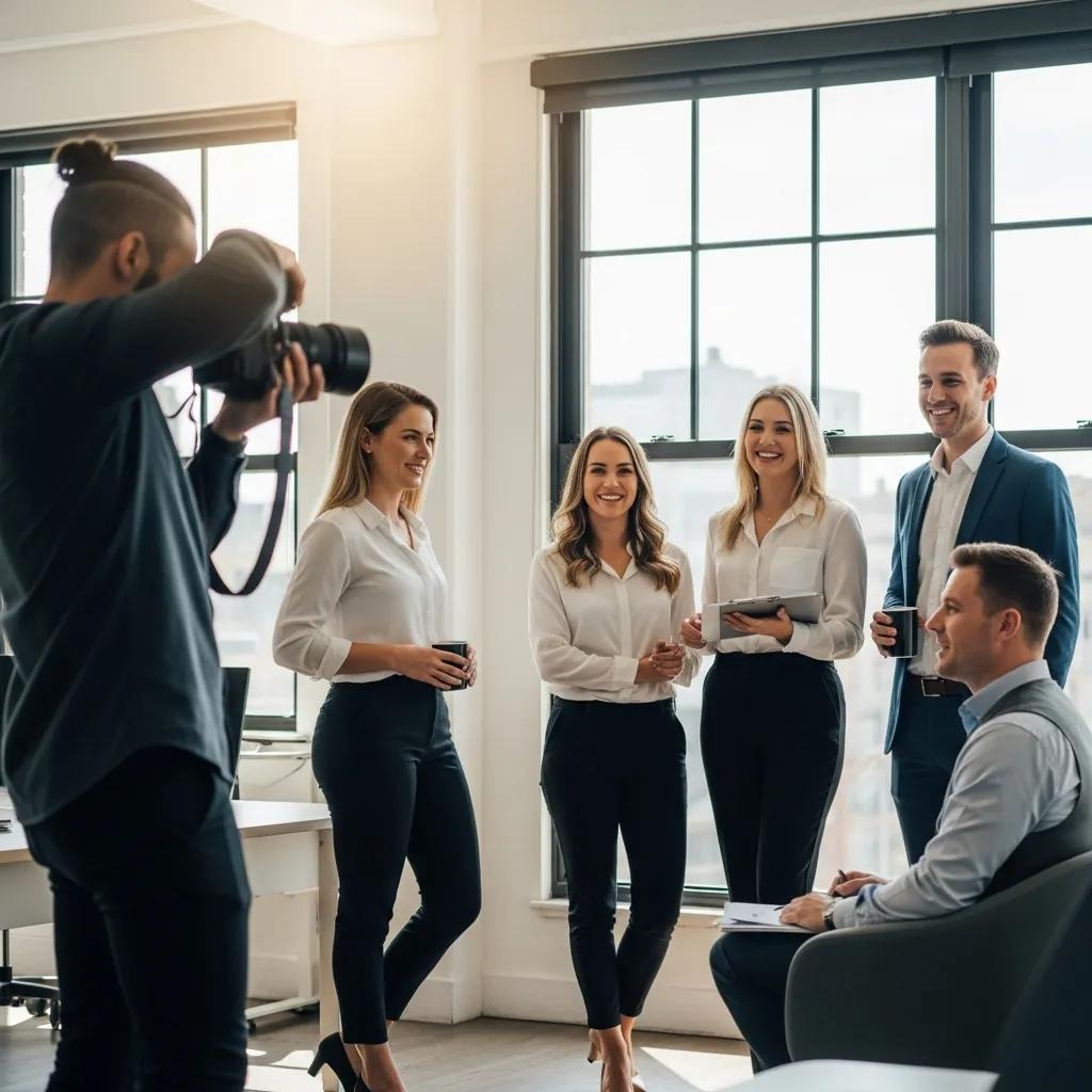 Commercial photographer capturing a corporate team in a modern Australian office