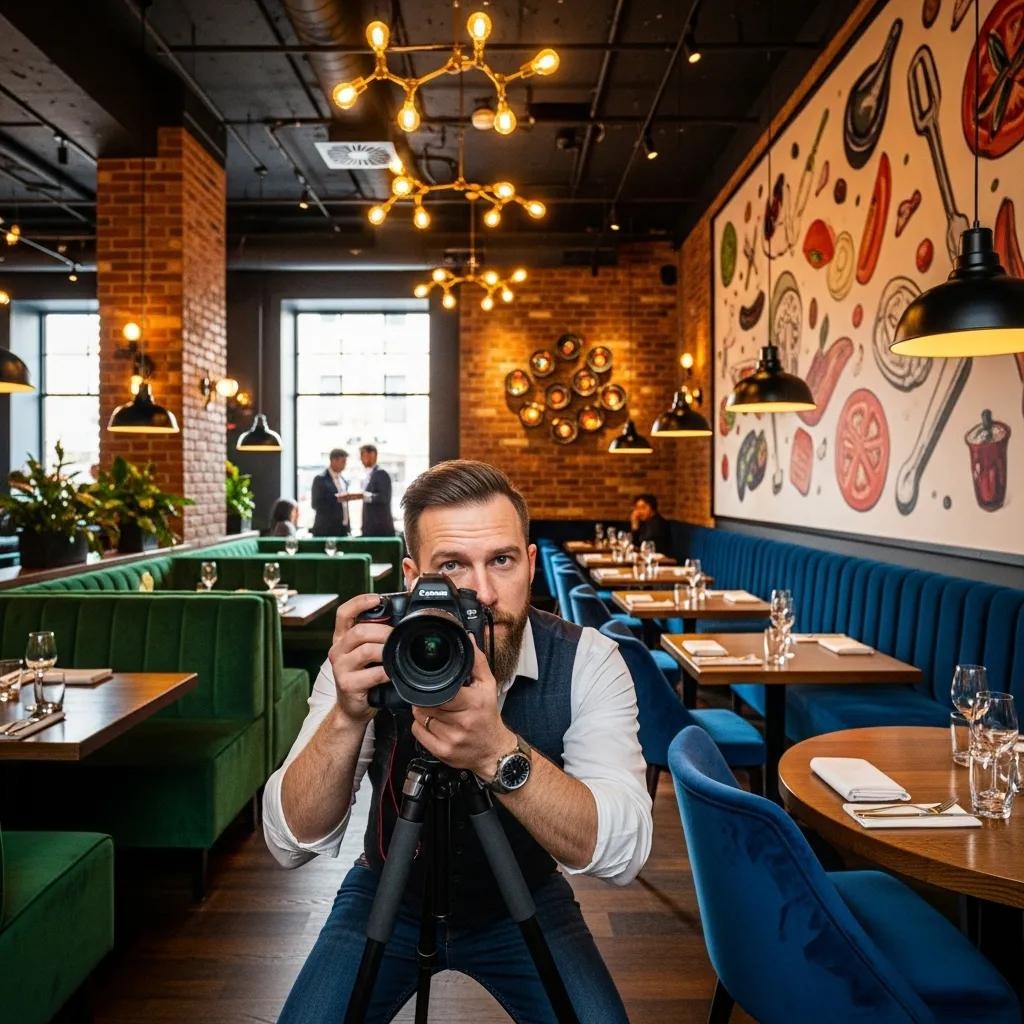 Professional photographer capturing the unique interior of a trendy restaurant for branding