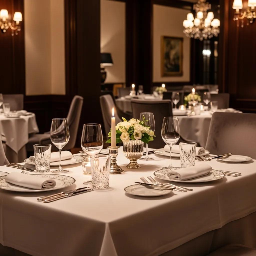 Elegant dining table setup in a high-end restaurant, showcasing hospitality photography