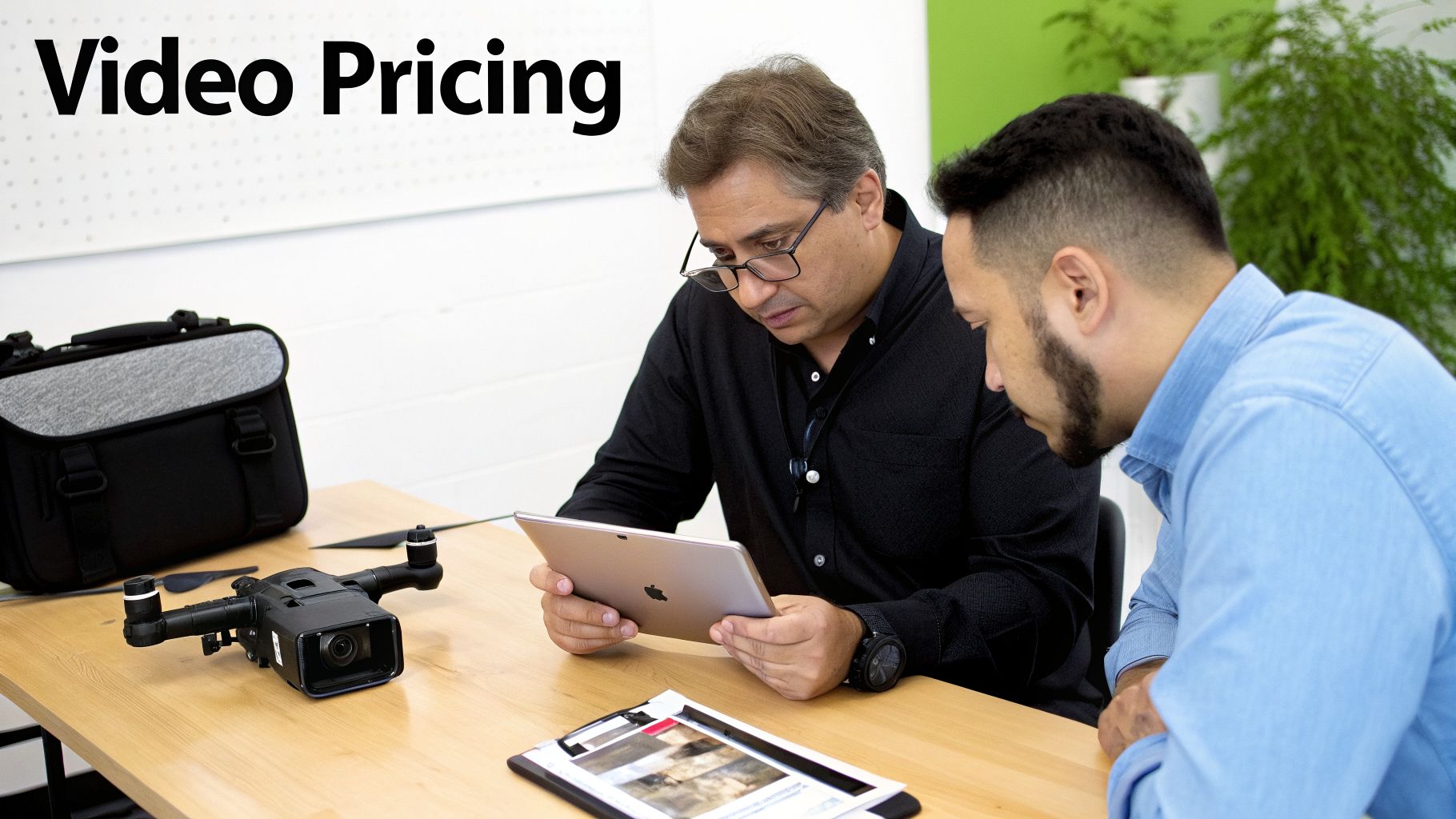 Two men reviewing a tablet with a drone camera and a camera bag on a wooden table.
