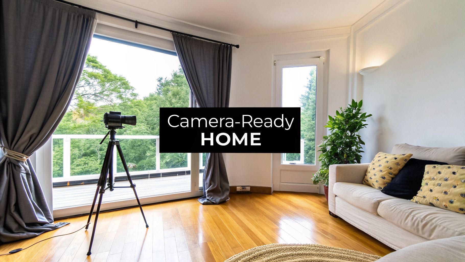 A bright, professional camera setup on a tripod in a modern, camera-ready home interior.