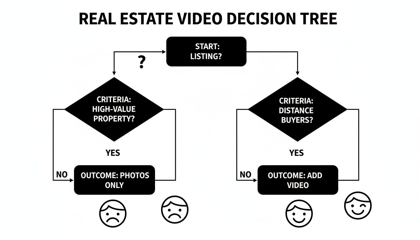 A real estate video decision tree flowchart. Criteria include property value and buyer distance for outcomes.