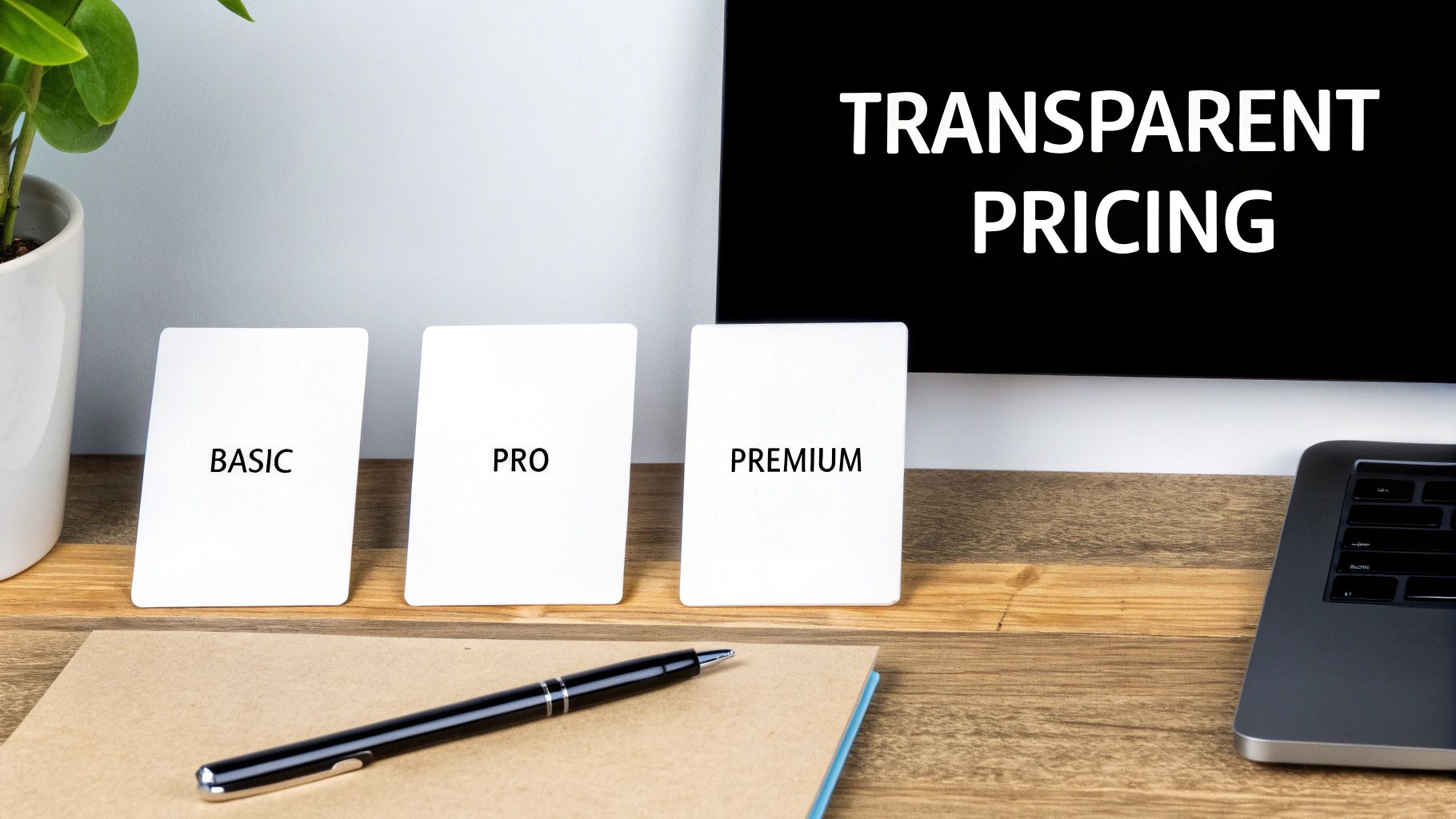 Desk setup with 'Basic', 'Pro', 'Premium' cards and a monitor displaying 'Transparent Pricing'.