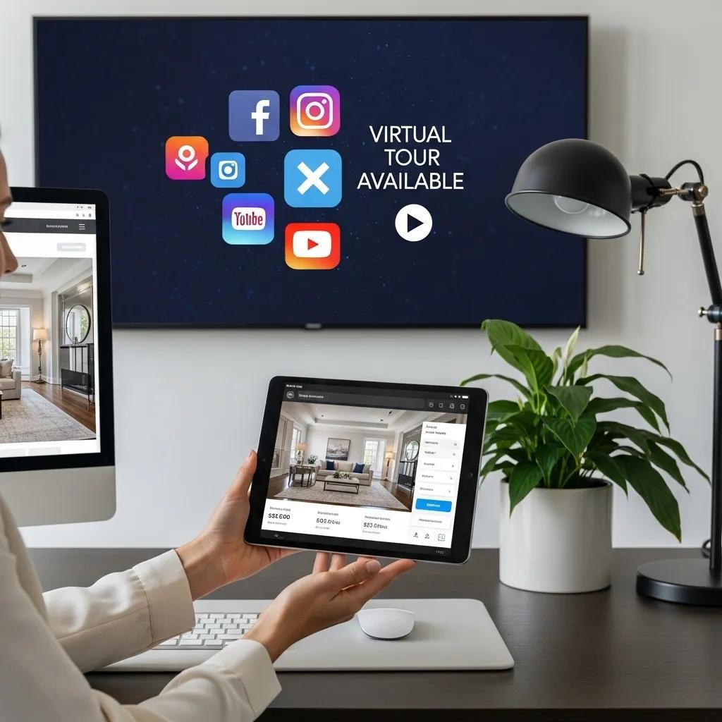 Real estate agent showcasing property listing with digital marketing tools in modern office