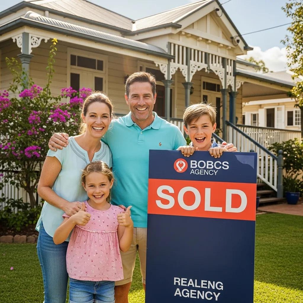 Happy family celebrating successful property sale in front of Brisbane home with sold sign