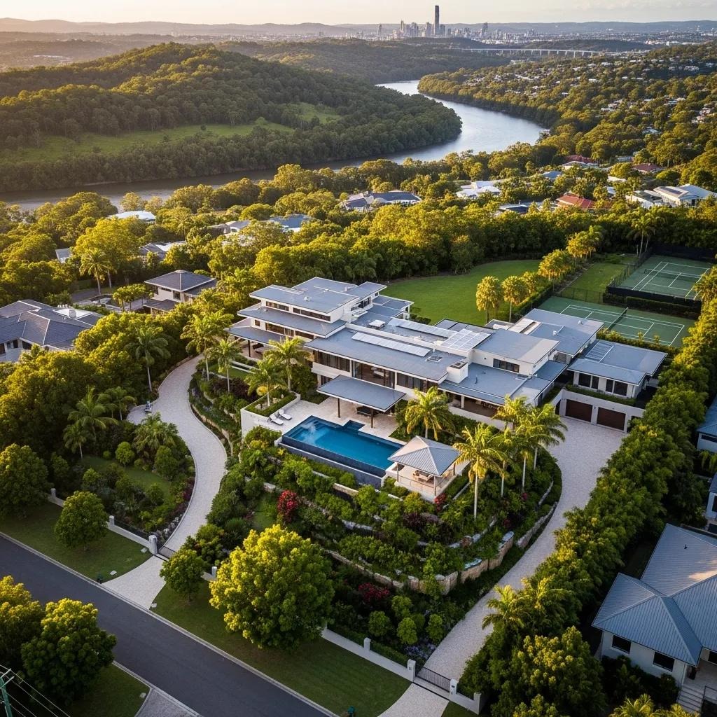 Aerial view of a Brisbane property captured by drone, showcasing the landscape and unique features