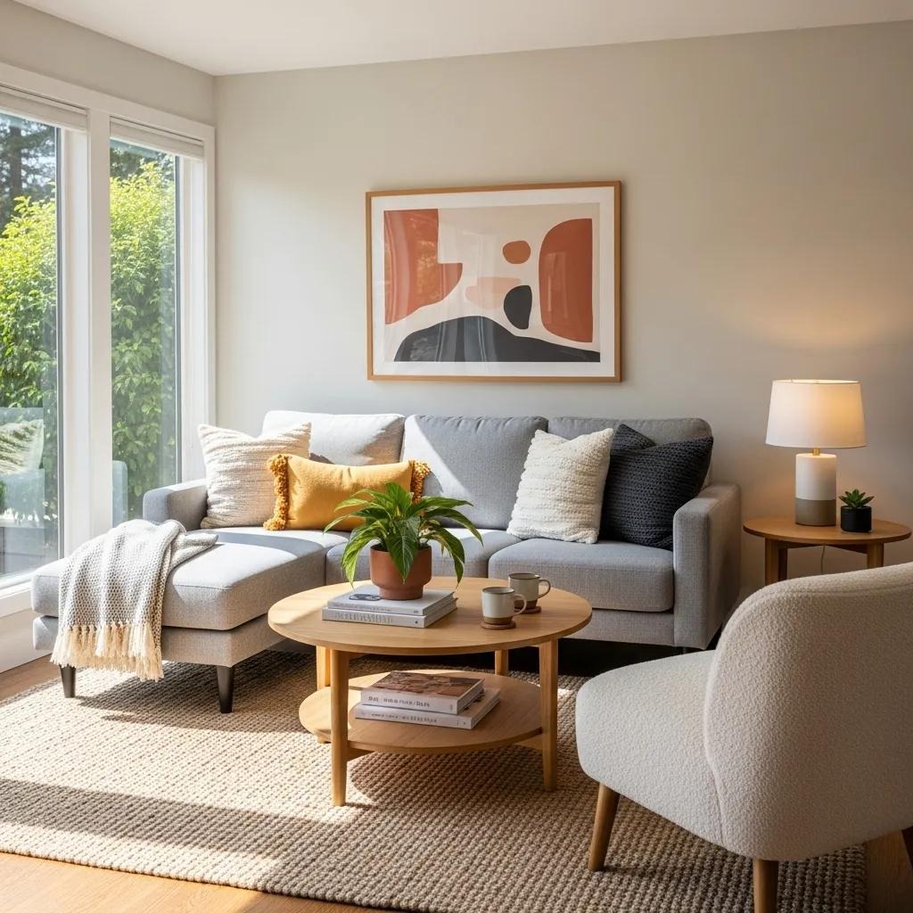 Bright, styled Airbnb living room with natural light — listing photography example