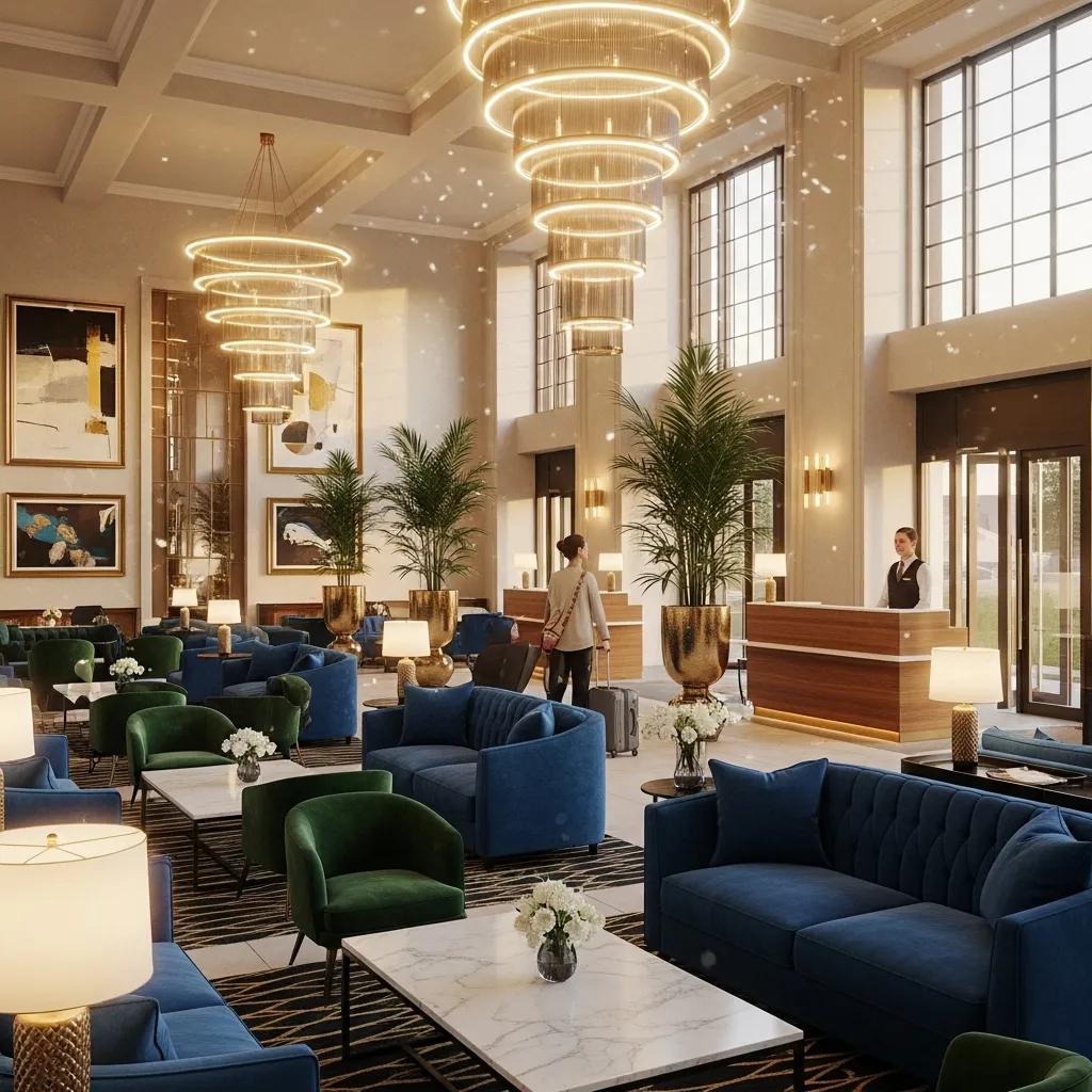Elegant hotel lobby with warm lighting — hospitality photography example