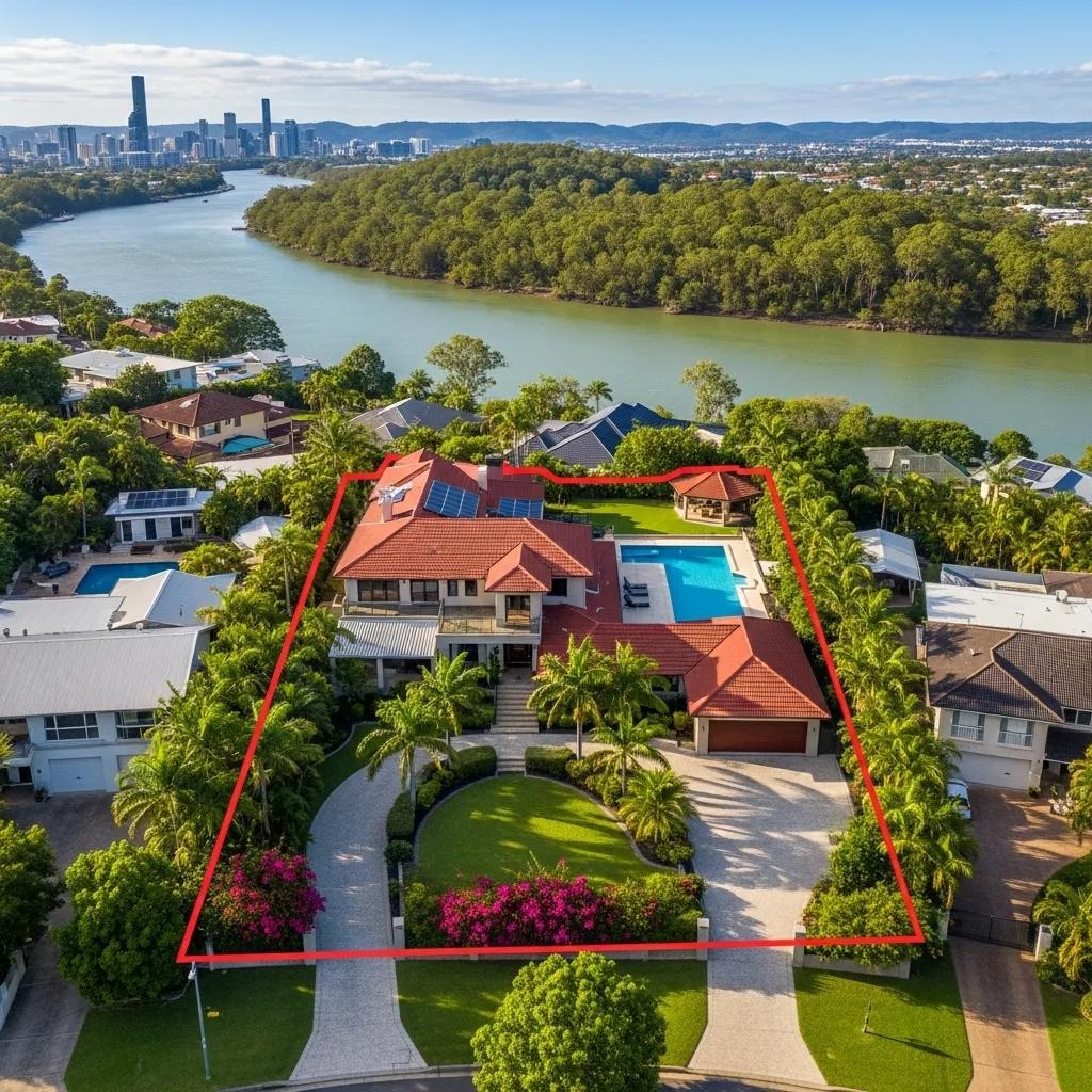 Drone aerial view of a suburban Brisbane property showing site context