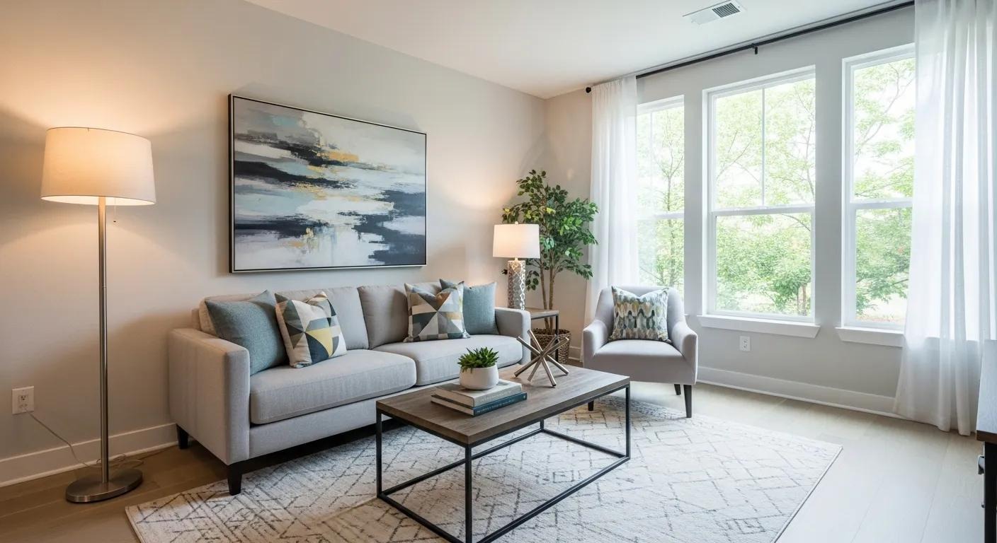 Staged interior with modern decor and abundant natural light