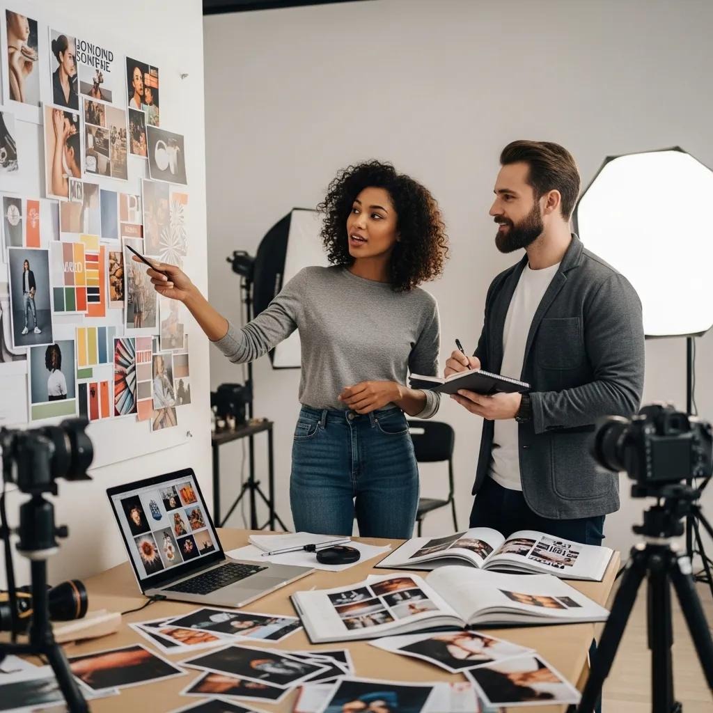 Photographer and client reviewing a shoot plan together in a studio