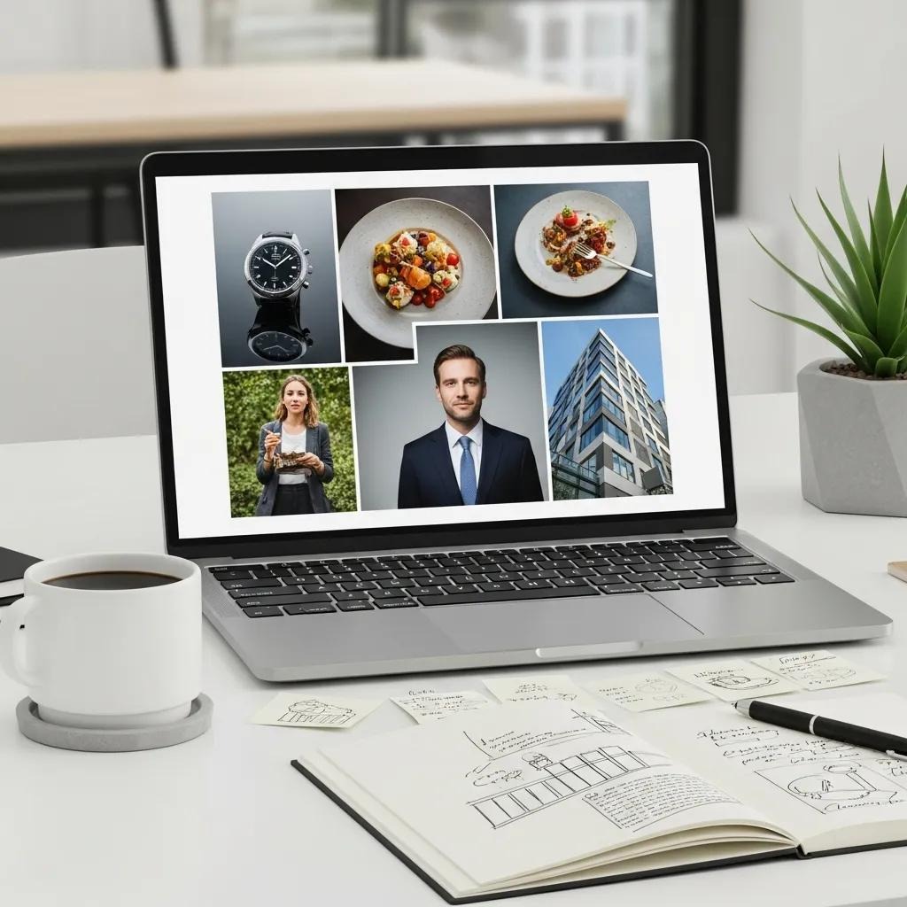 Grid of high-resolution commercial photos shown on a monitor