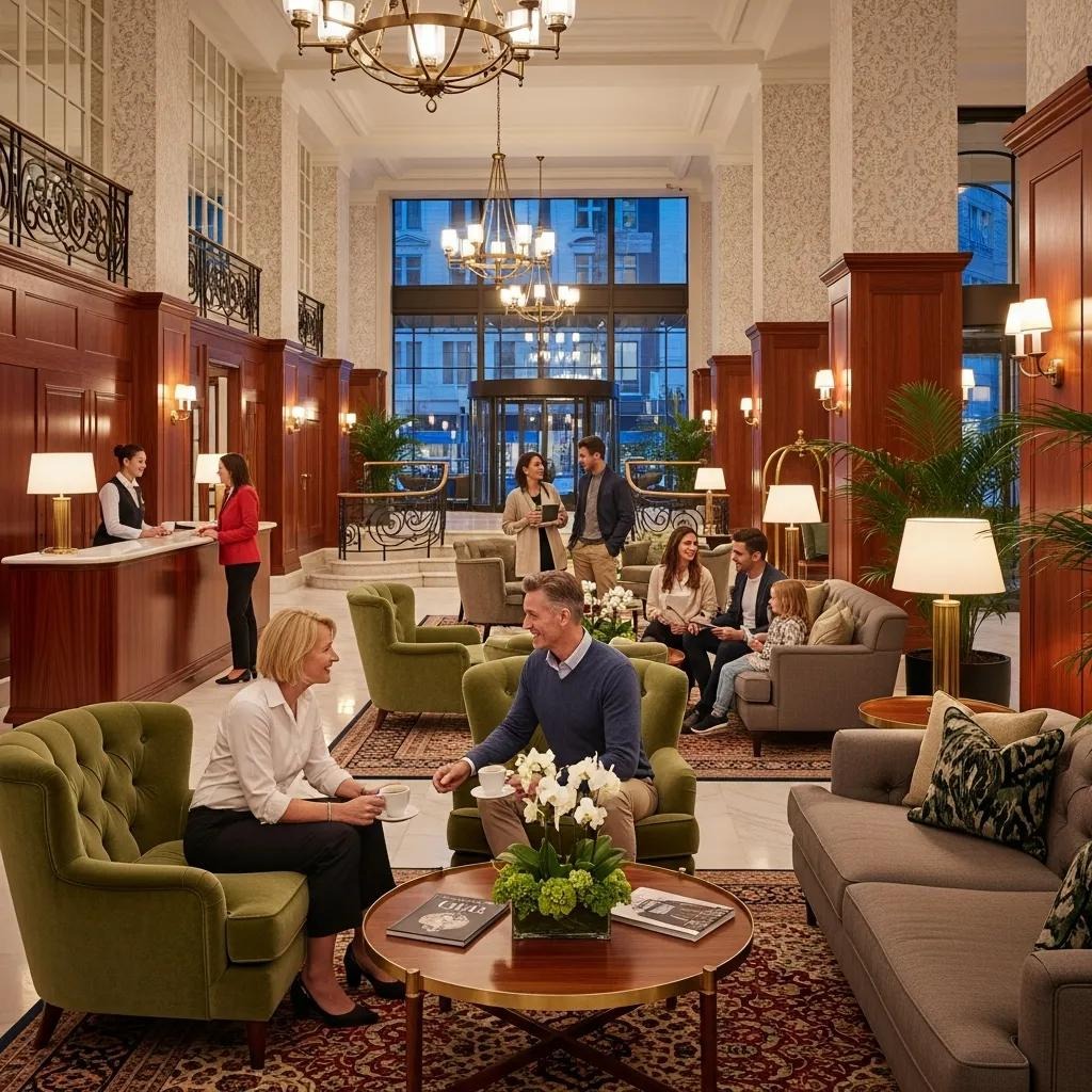 Warm, inviting hotel lobby with elegant decor and guests