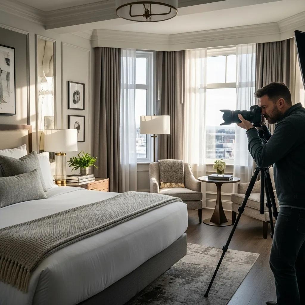 Photographer photographing a stylish hotel room interior