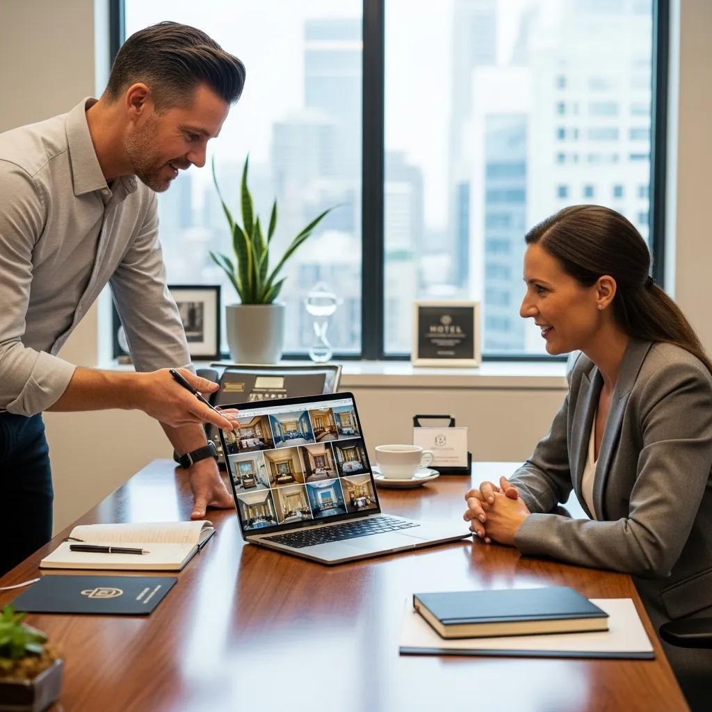 Photographer and hotel manager reviewing pricing options