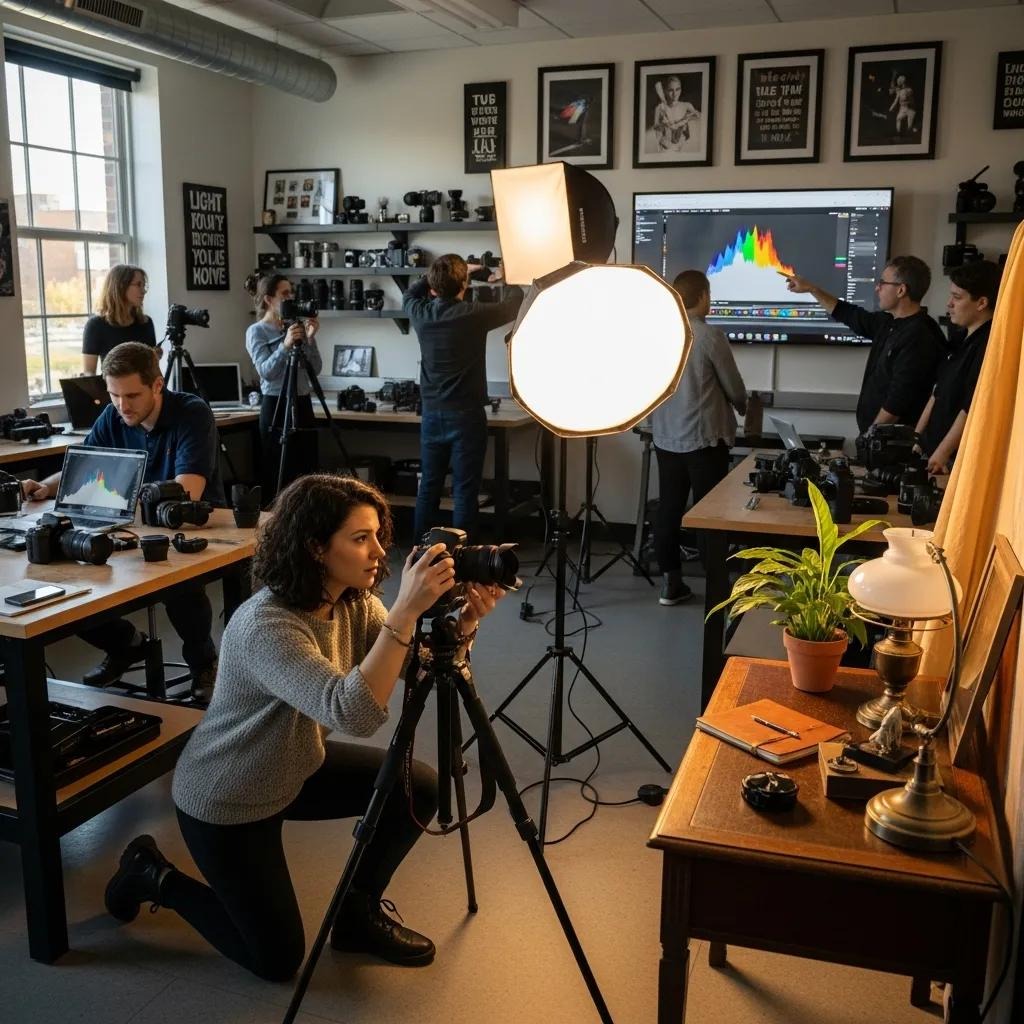 Photography students practicing composition techniques in a classroom