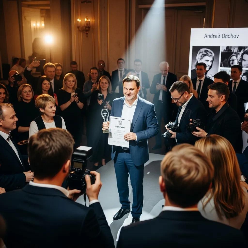 Andrey Orechov accepting a photography award at a ceremony