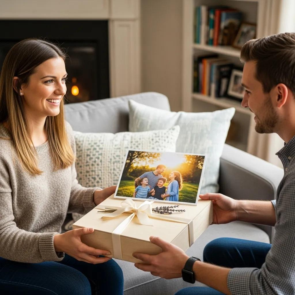Client opening a package of printed photographs — the moment of receiving finished images