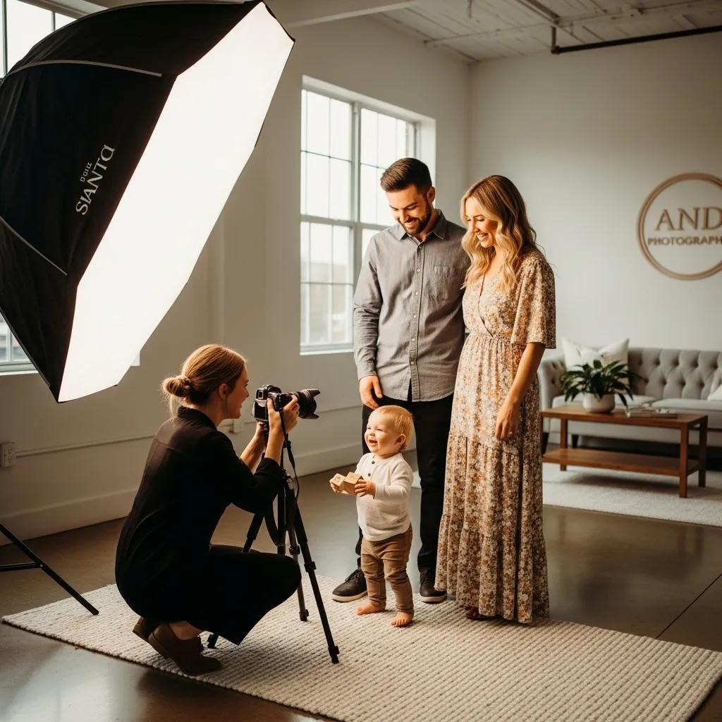 Bright studio lifestyle session with photographer and clients — a visual of the booking journey
