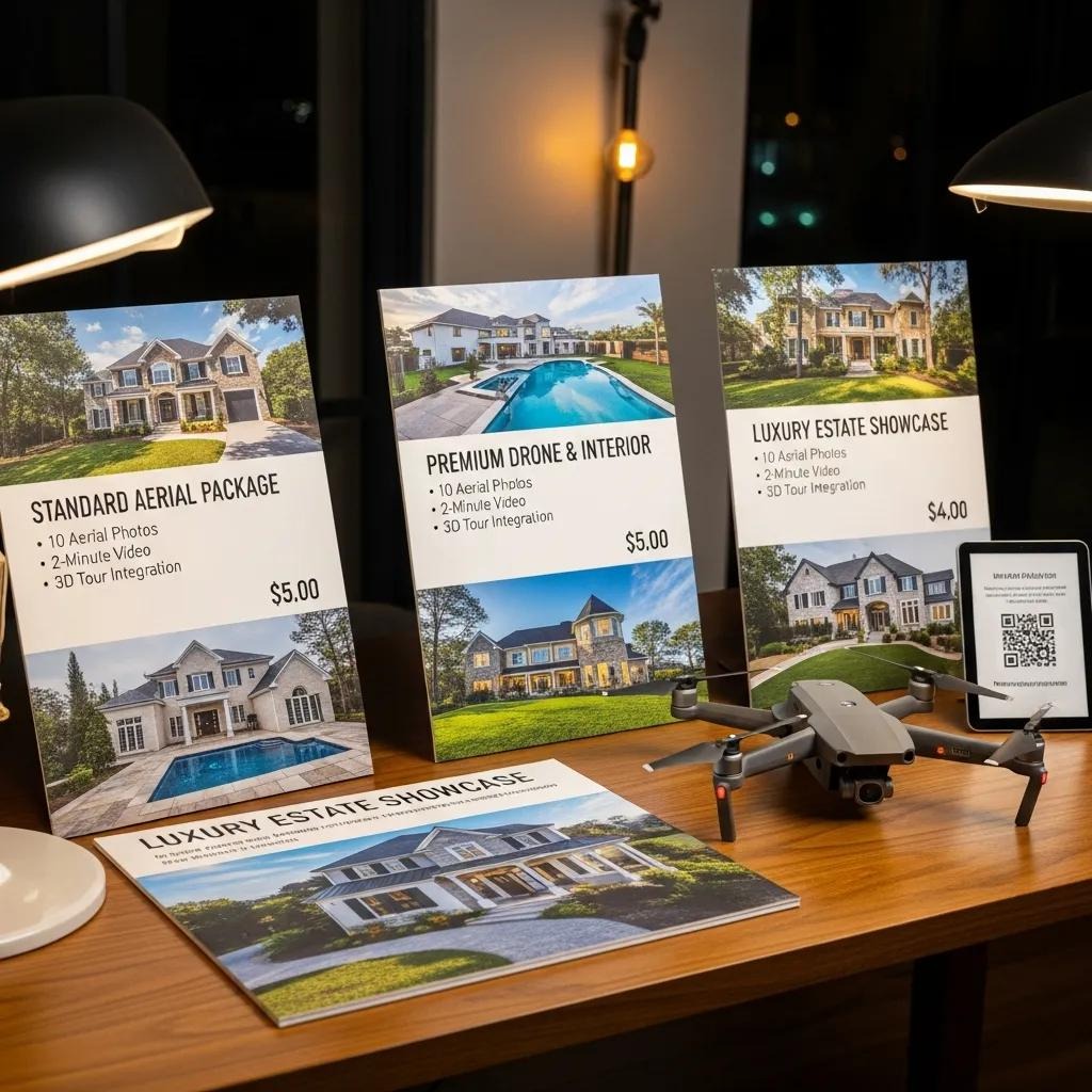 Display of drone photography packages with property images in the background
