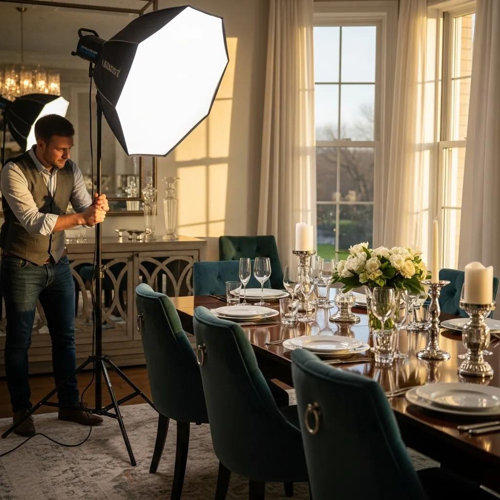 Photographer positioning soft lights in a staged dining room to achieve even, flattering illumination