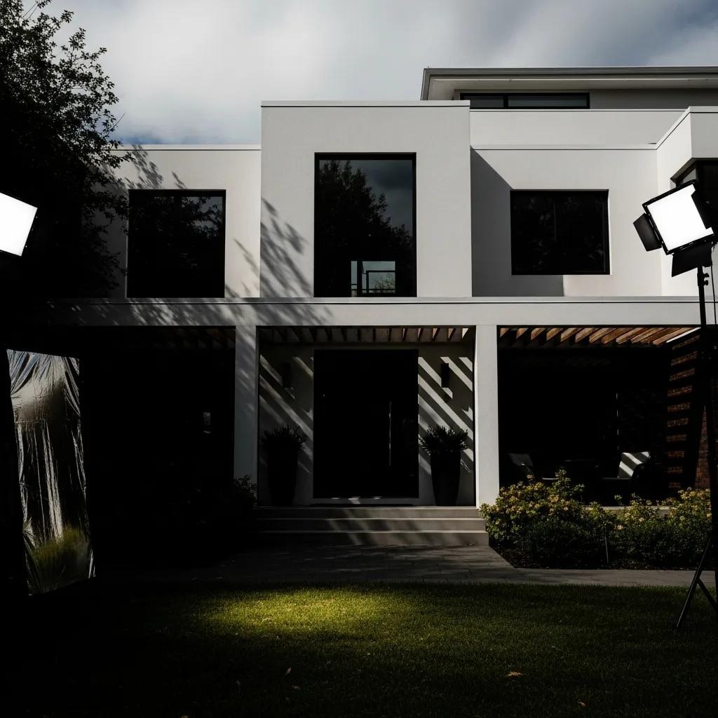 Home photographed in strong midday sun with deep shadows