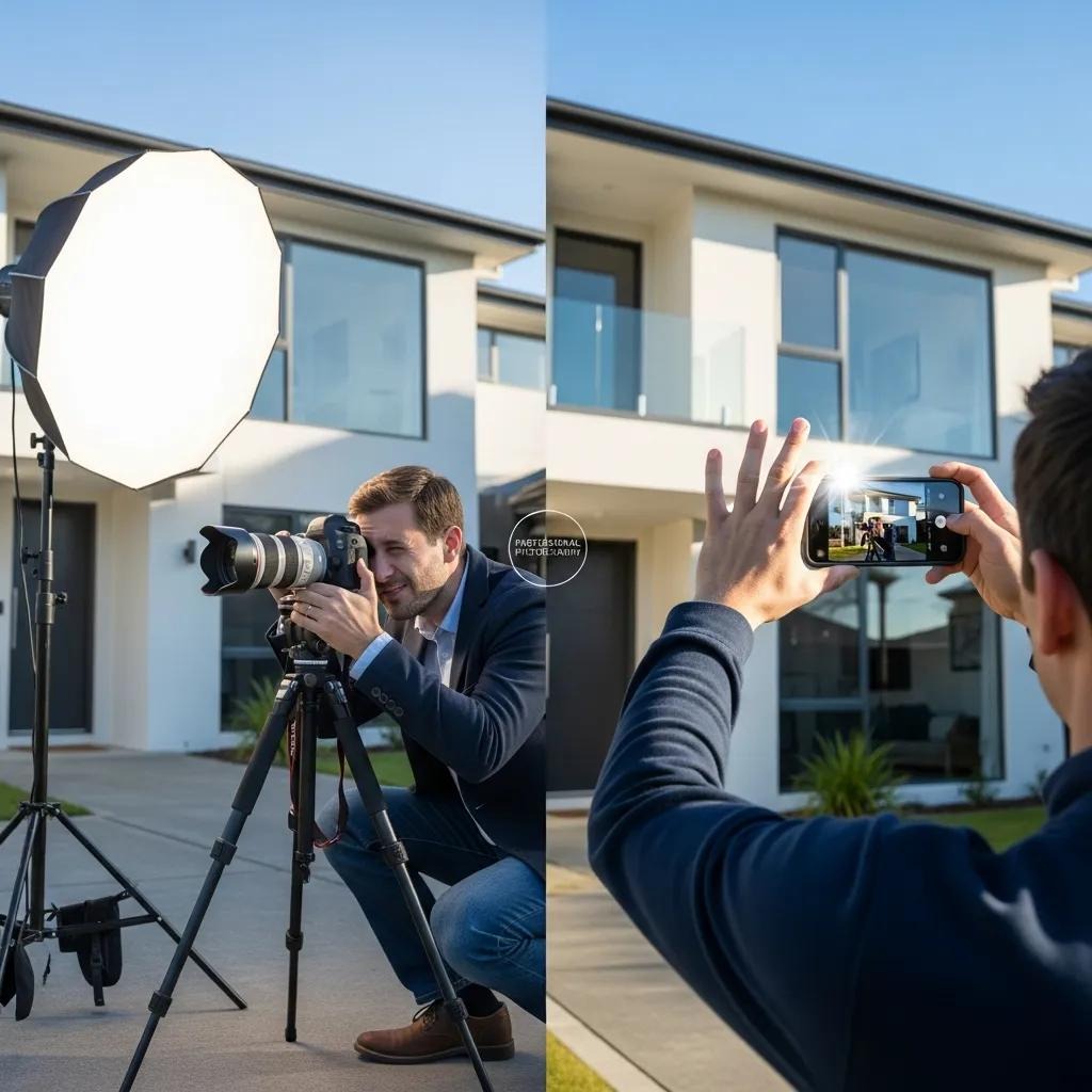 Pro photographer shooting a home while a homeowner uses a smartphone for DIY photos
