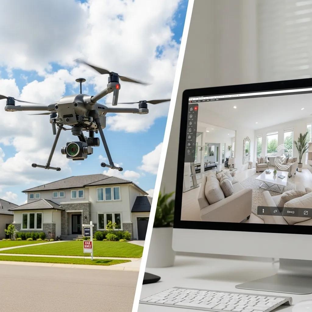 Drone capturing aerial view and a 360-degree virtual tour interface for a property