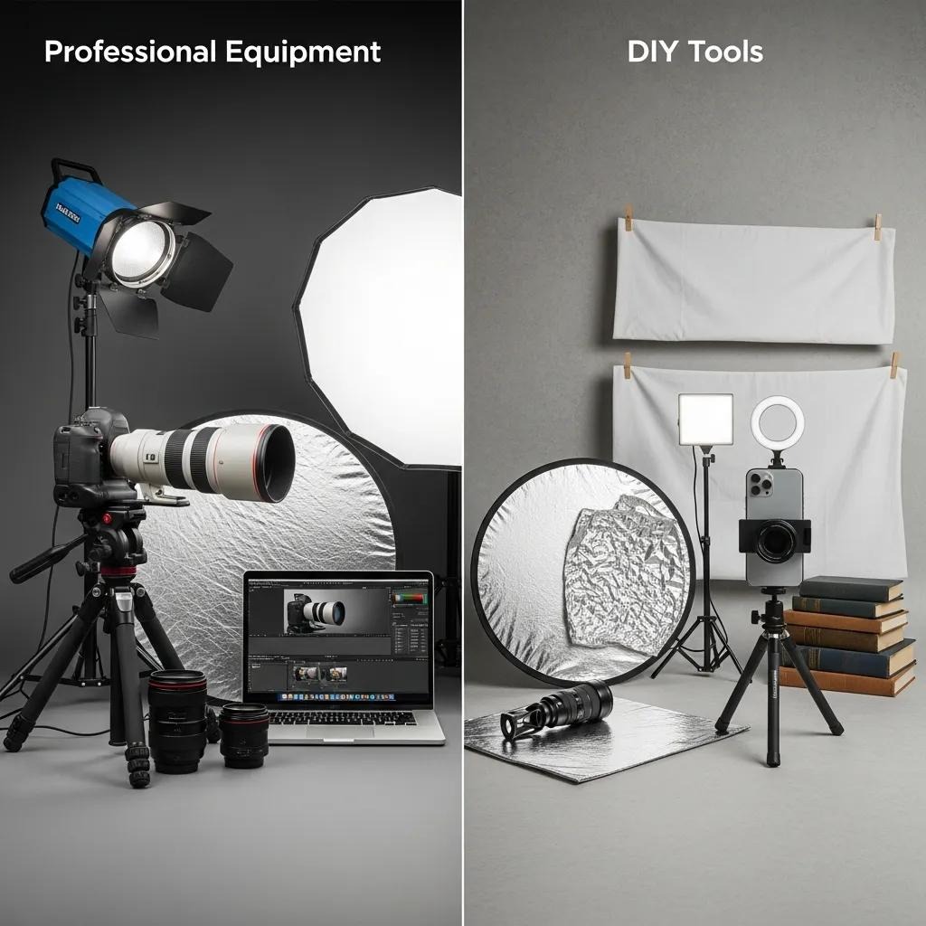 Split view of professional camera gear and DIY smartphone photography setup
