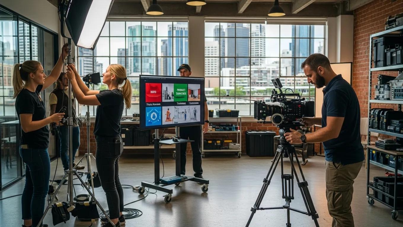 Brisbane corporate video production team setting up equipment for a professional shoot