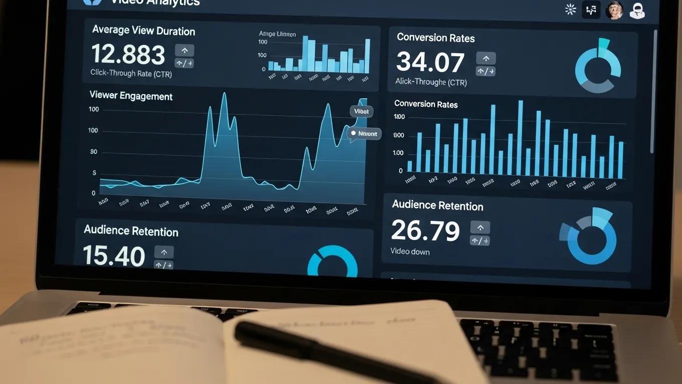 Detailed video analytics on a laptop screen showing engagement metrics in a business analysis setting