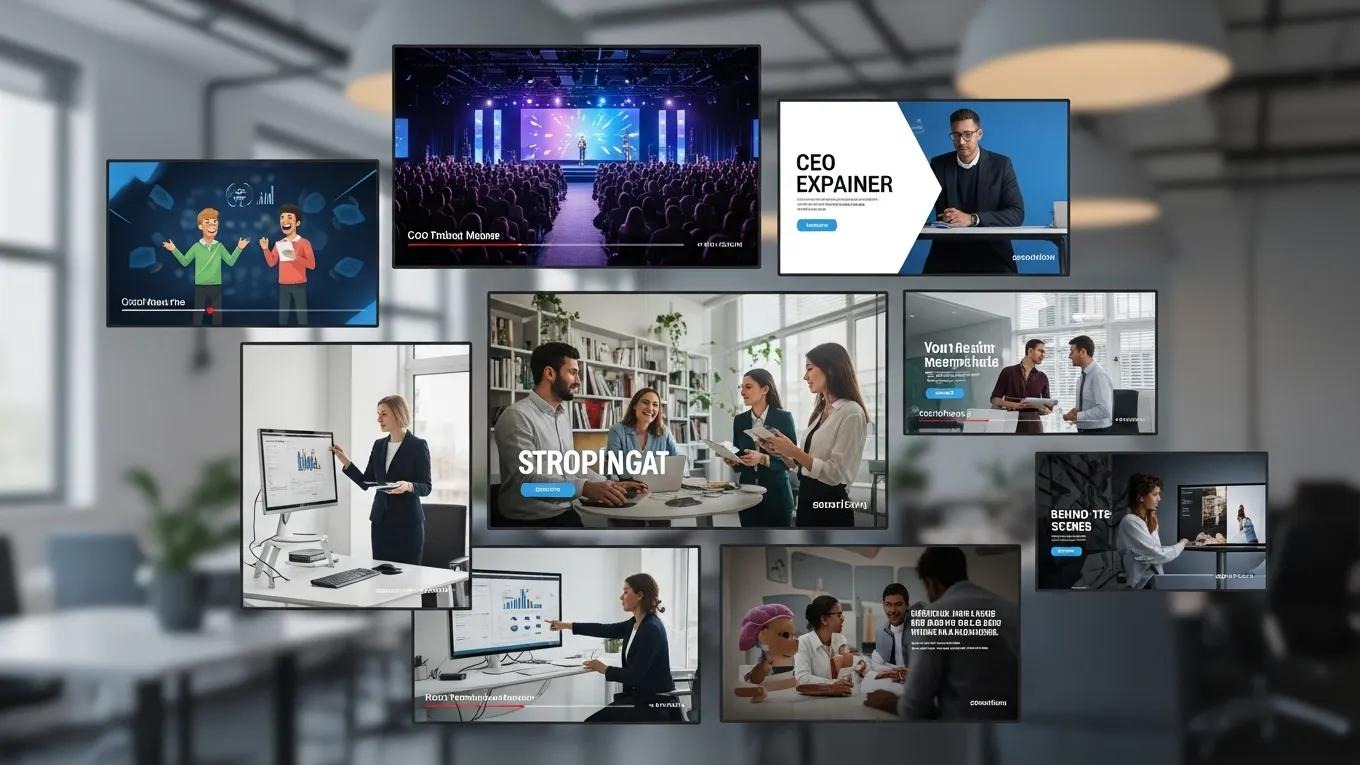 Diverse types of corporate videos displayed on screens in a professional setting