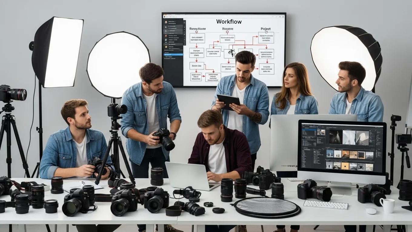 Photography team collaborating on project planning and organized workflow strategies