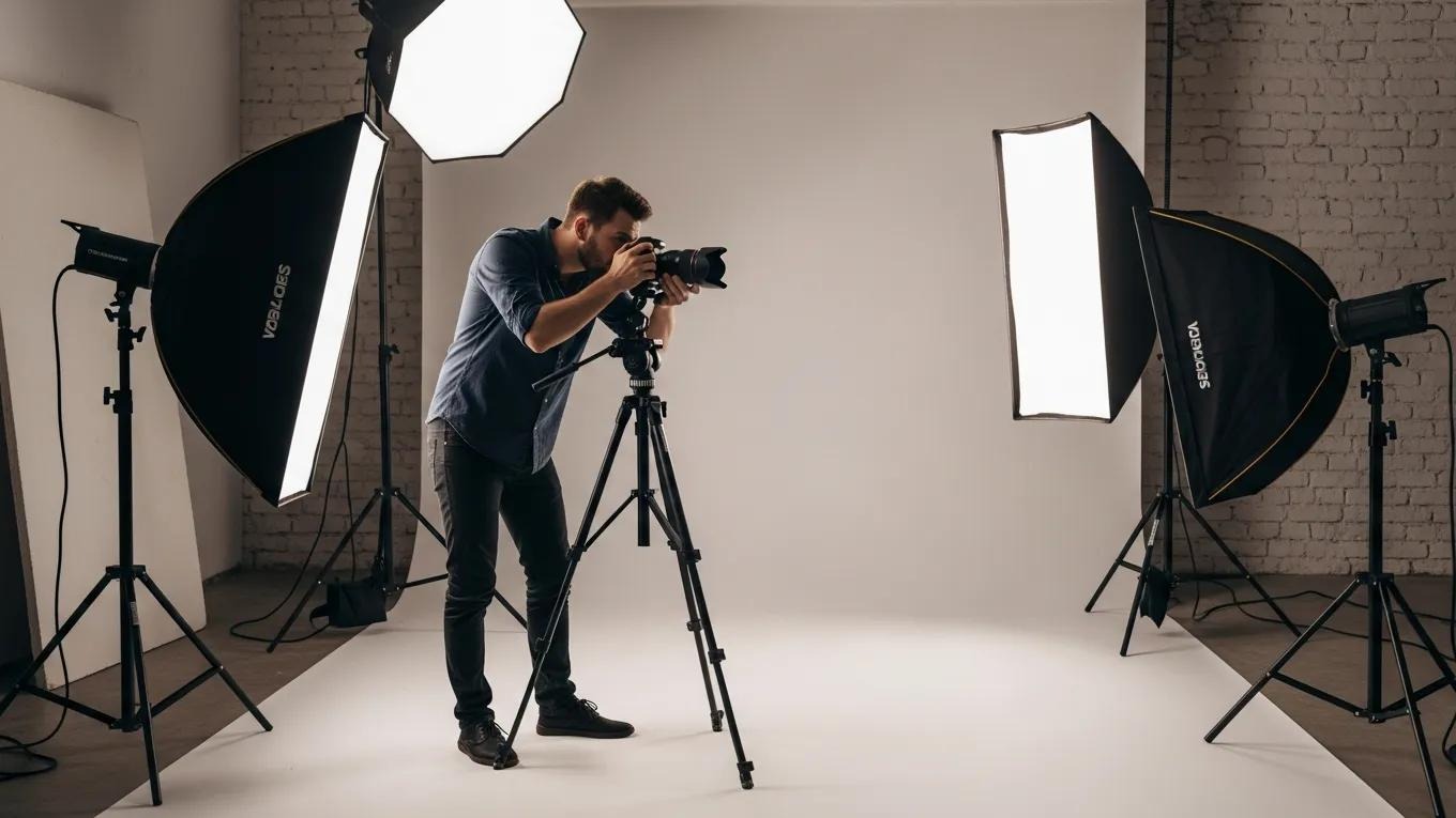 Professional photographer capturing dynamic commercial shots in a vibrant workspace