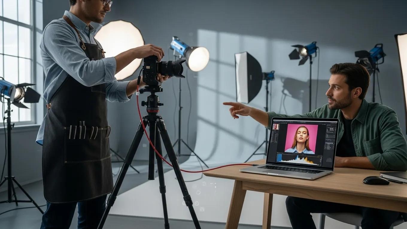 Technician and photographer collaborating using tethered shooting technology for instant feedback