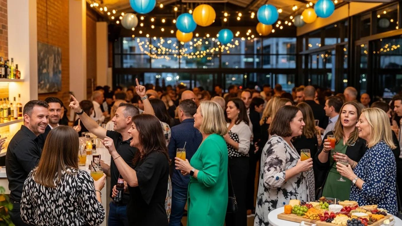 Dynamic event scene in Brisbane venue capturing joyful interactions and atmosphere
