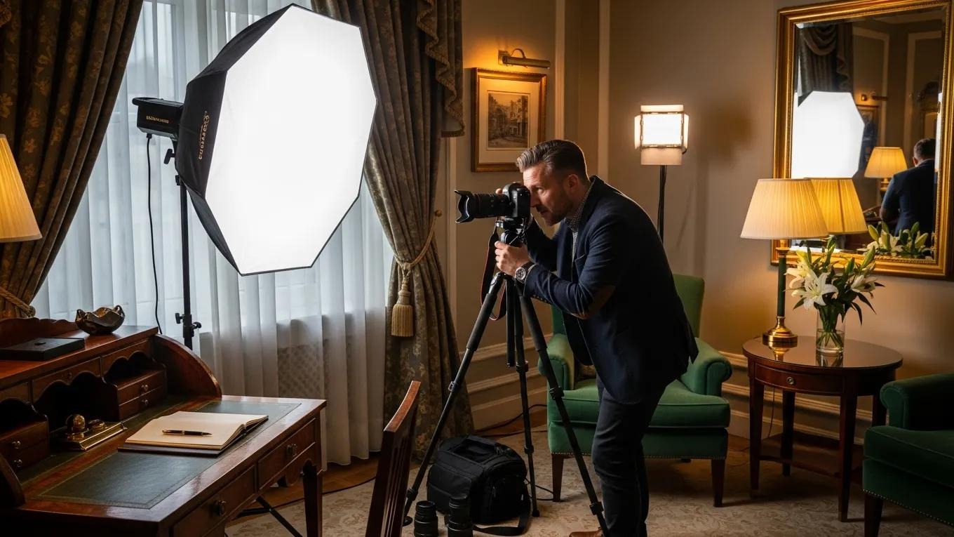 Photographer utilizing controlled lighting in a luxury hotel room to enhance visual appeal