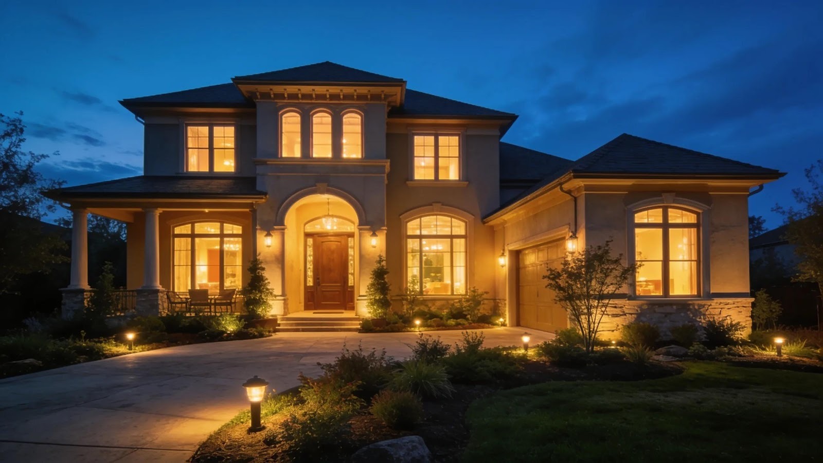 Twilight real estate photography featuring a luxury home with illuminated windows and a blue sky