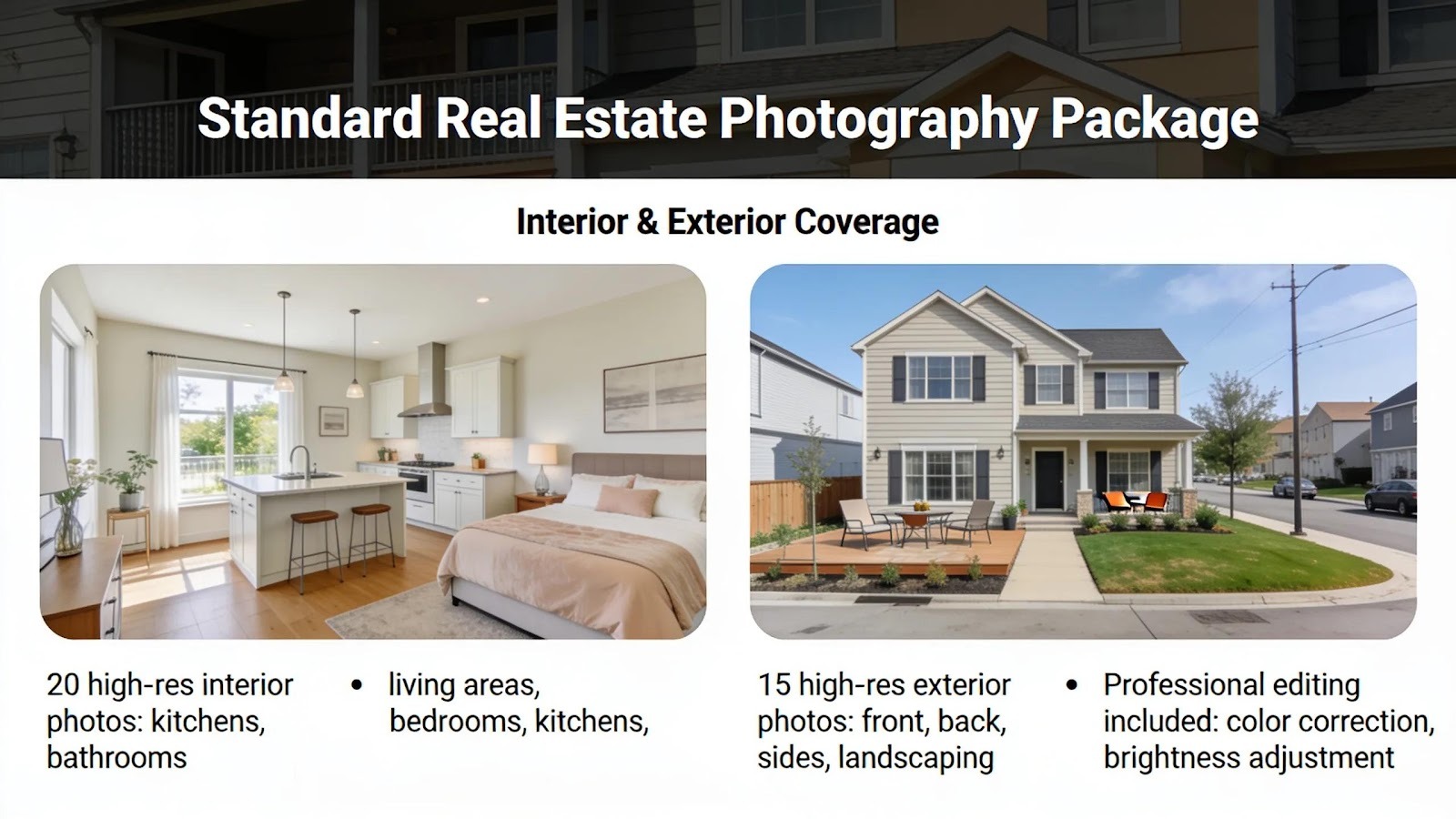 Standard professional real estate photography packages include interior and exterior photo coverage, with the number