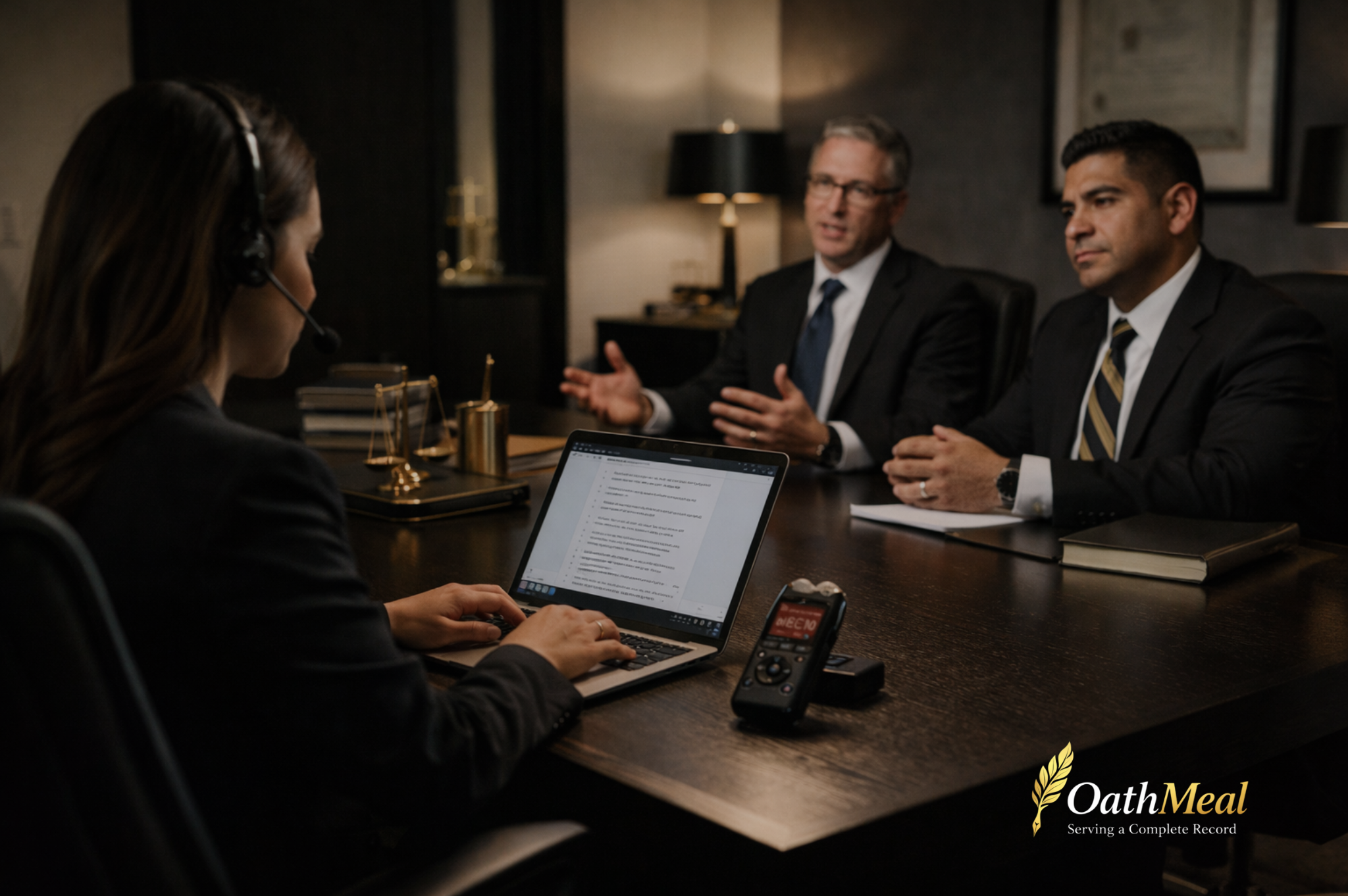 Smiling man in a suit sitting at a desk, writing in a large book with a golden quill pen in a wood-paneled room.