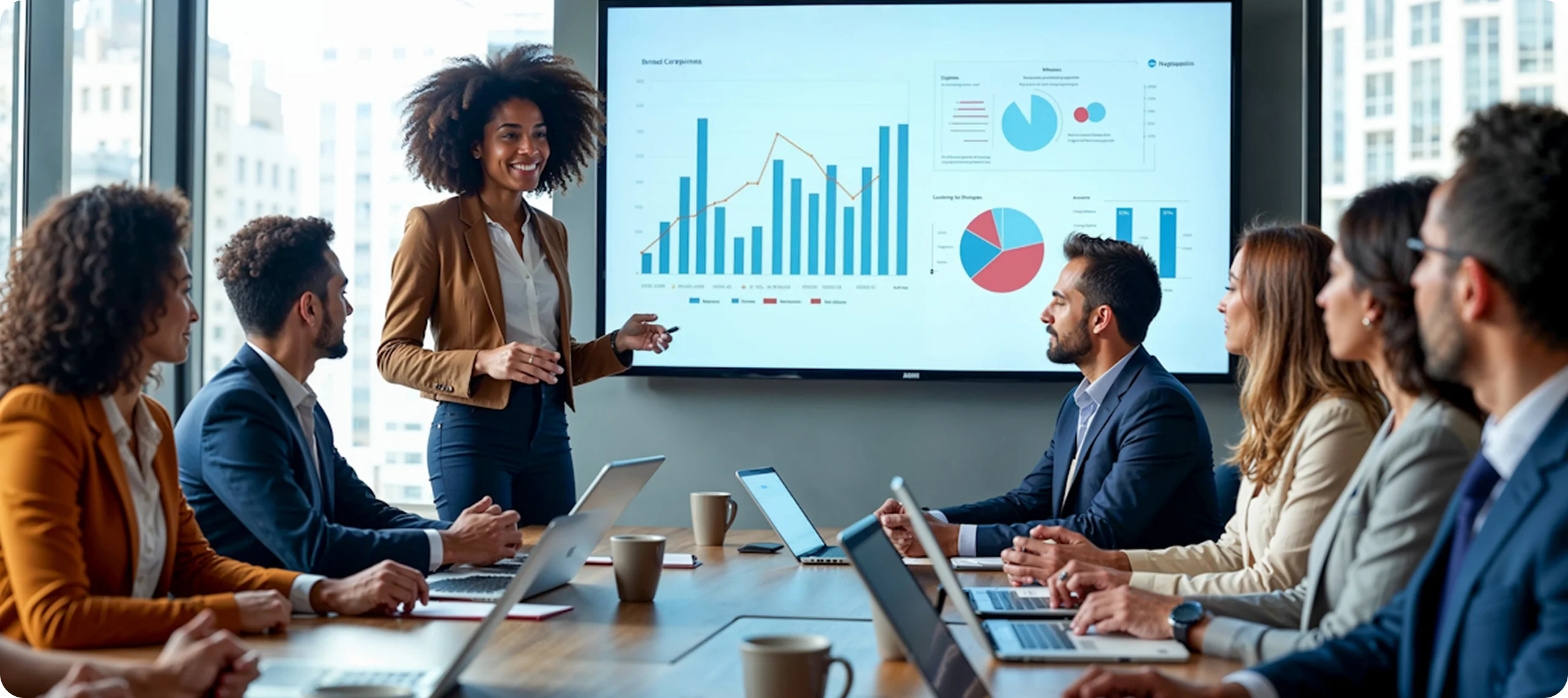 Businesswoman presenting data charts and graphs on a large screen to a diverse group of colleagues in a modern conference room.