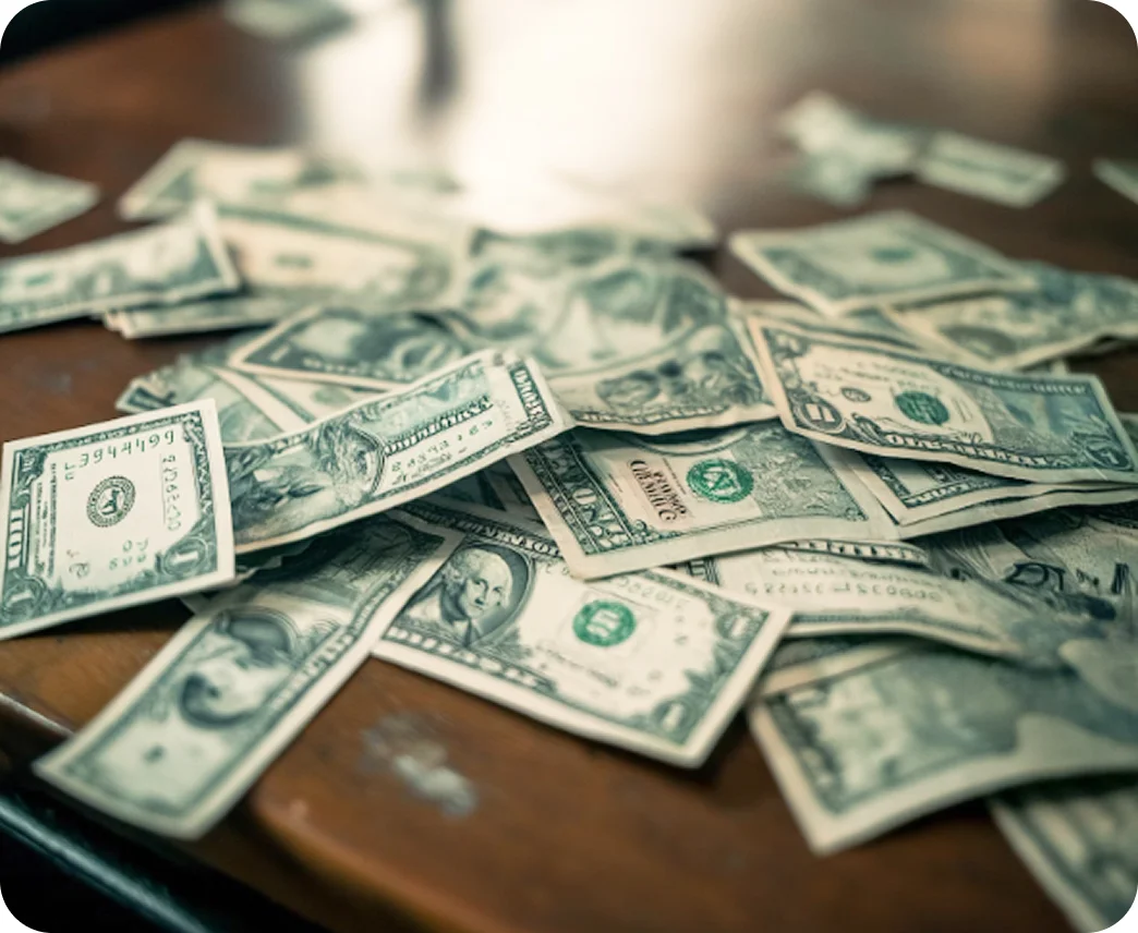 Scattered one-dollar bills spread across a wooden surface.