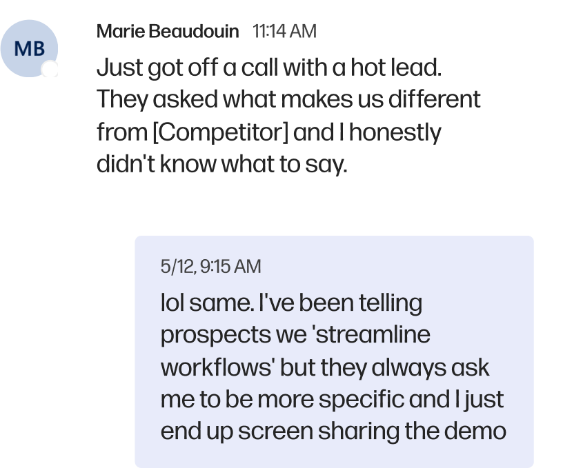 Text message chat discussing challenges in explaining differences from a competitor and the use of 'streamline workflows' with prospects, ending with screen sharing a demo.
