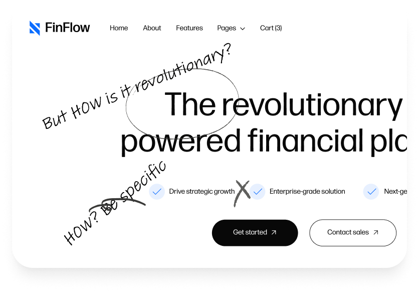 FinFlow webpage header showing navigation menu, main headline 'The revolutionary powered financial pl', bullet points with check marks, and buttons 'Get started' and 'Contact sales' with handwritten notes questioning 'But how is it revolutionary?' and 'How? Be specific'.