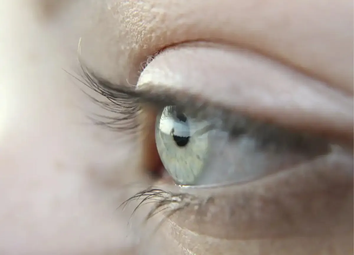 Close-up of a blue eye with visible eyelashes and skin texture.
