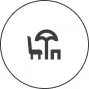 Icon of an umbrella with three vertical bars beneath it inside a circle.