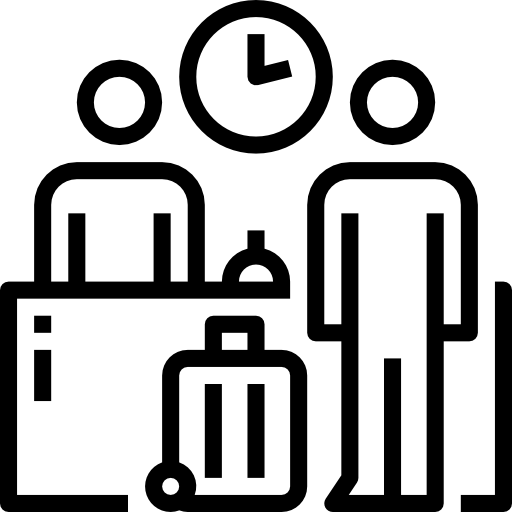 Icon depicting a person checking in at a reception desk with a clock above and luggage nearby.