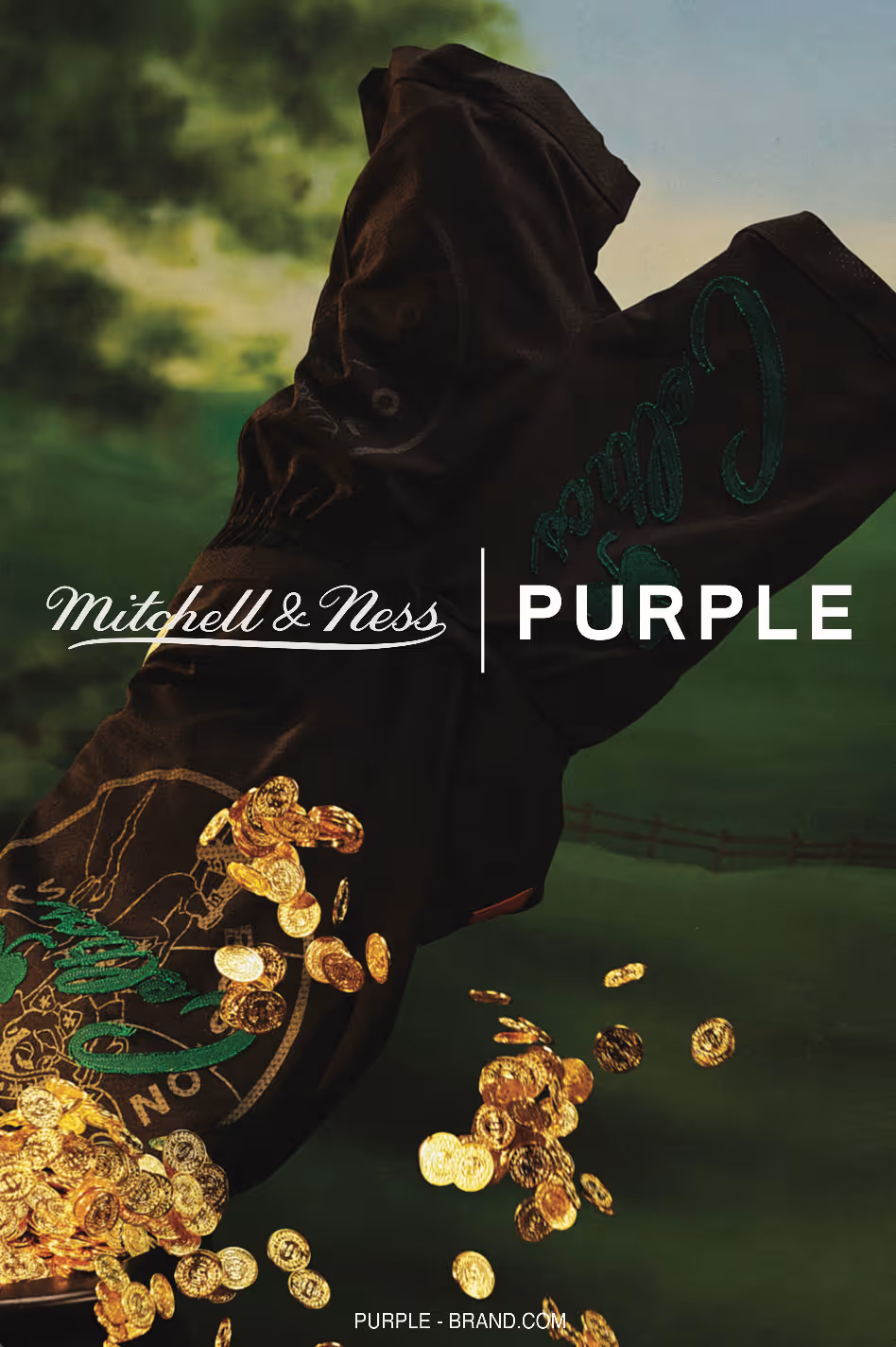 Black Mitchell & Ness jacket with embroidered logo, surrounded by scattered gold coins, set against a green outdoor background.